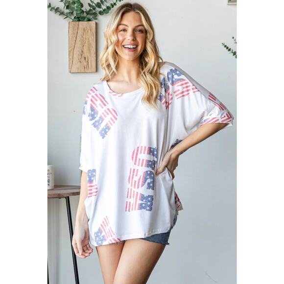 HOPELY American Flag Theme USA Lettering Graphic Round Neck T-Shirt | Off White - Picture 6 of 6